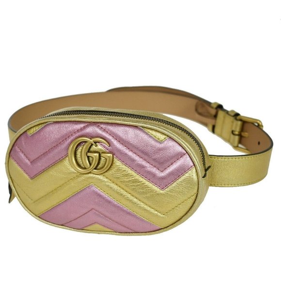 Authentic GUCCI GG Logo Marmont Bum Bag Heart Leather Size 85/34 Pink Gold Italy - Picture 1 of 16